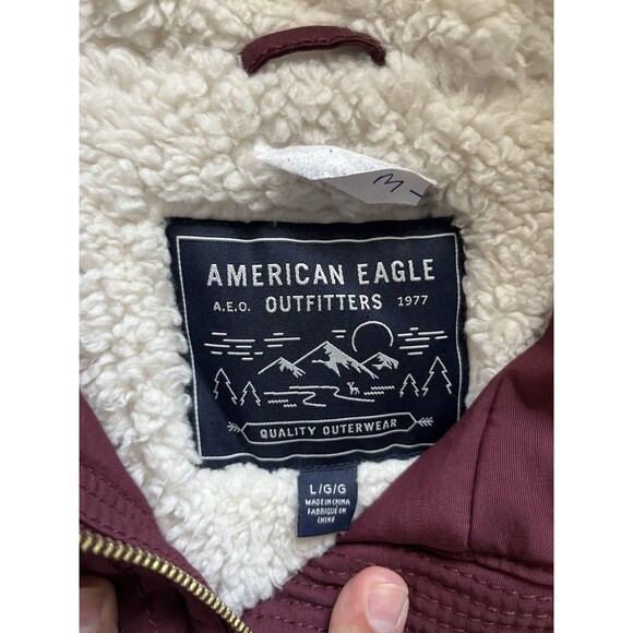American Eagle Burgundy Sherpa Hooded Jacket Drawstring Waist Utility Size L - Picture 5 of 8
